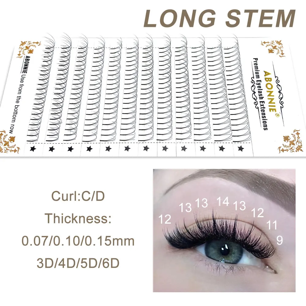 Abonnie Long Stem Premade Fans Lash 러시안 볼륨 속눈썹 연장 Premade Volume Fans Faux Mink 프리미엄 속눈썹 용품 3D-6D