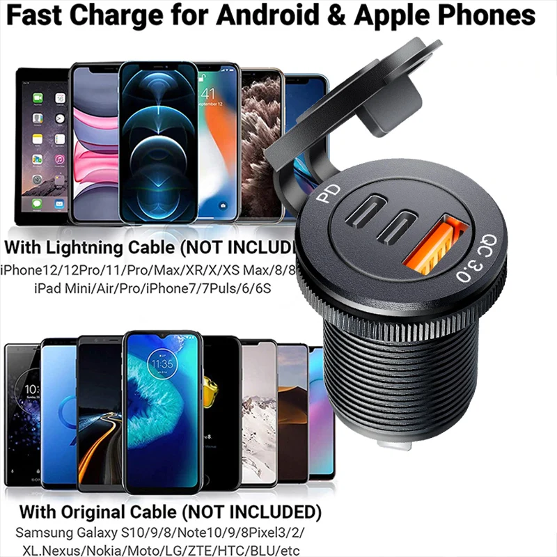 USB C 차량용 충전기 소켓 DC 초고속 충전 QC3.0 및 PD 12V/24V 차량용 해양 ATV 유형 c 포트 소켓 Audi q5 a8 a1 a3 4