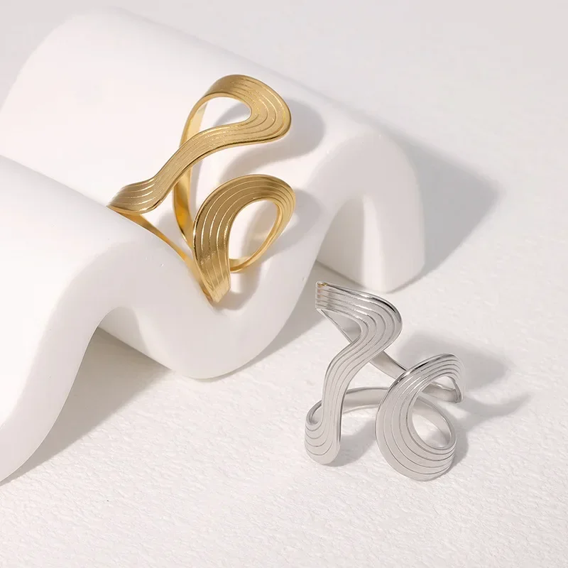 스테인레스 스틸 불규칙 웨이브 반지, 크리에이티브 골드 컬러, 조정 가능한 오프닝 링, 여성 진술 주얼리 선물