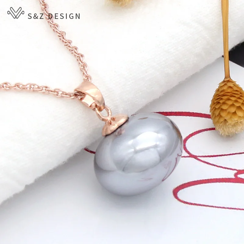 S & Z 디자인 패션 585 로즈 골드 컬러 모조 큰 빵 진주 펜던트 목걸이 여성을위한 웨딩 파티 쥬얼리