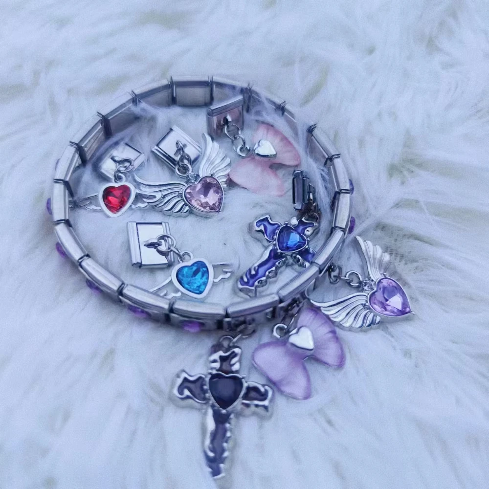 패션 빛나는 활 천사 날개 크로스 맞춤 링크 이탈리아어 매력 맞는 9mm 팔찌 스테인레스 스틸 DIY 쥬얼리 커플 만들기