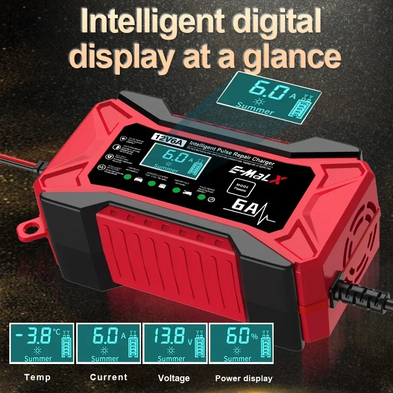 12V 6A 자동차 배터리 충전기 펄스 수리 LiFePO4 14.6V 스마트 빠른 충전 AGM 딥 사이클 젤 납산 충전기 자동 오토바이
