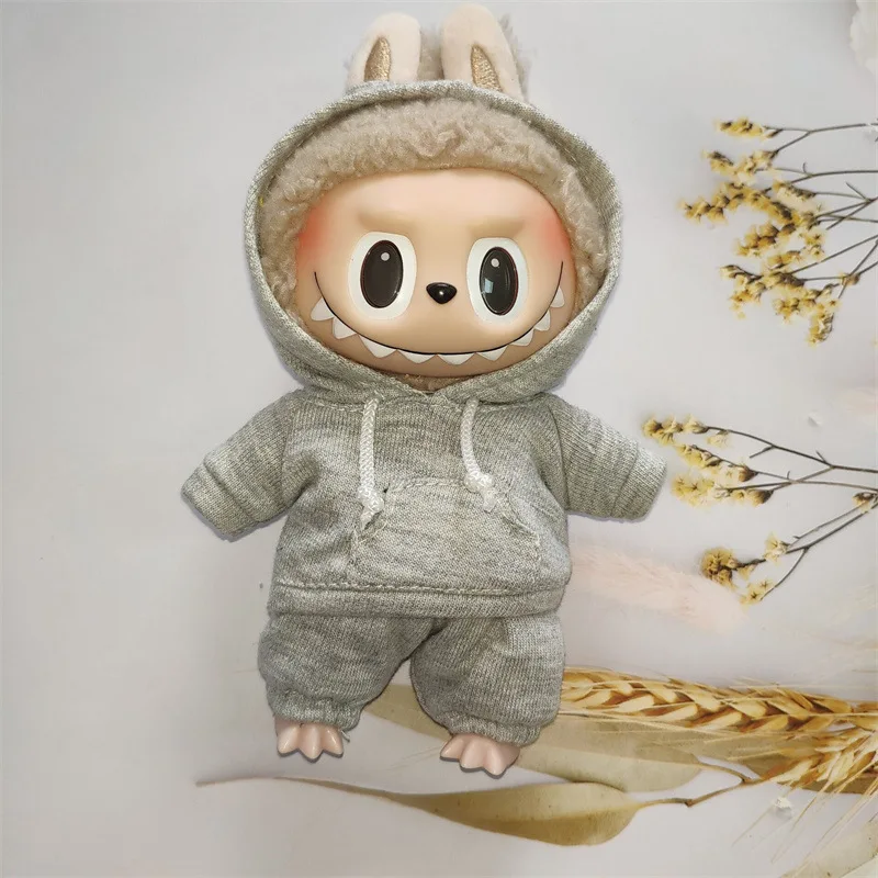 17cm Labubu 인형 옷 괴물 복장 액세서리 의류 DIY 어린이 선물 소녀 후드 티셔츠 바지 신발 흰색 E25V