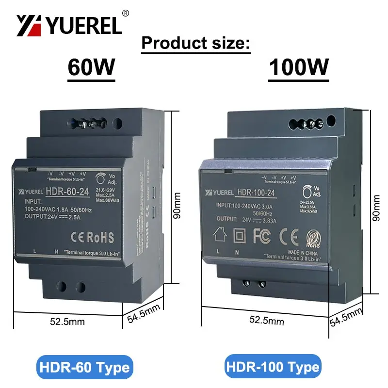 초박형 스위칭 전원 공급 장치 HDR 15W 30W 60W 100W 150W 12V 24V 레일 유형 변압기