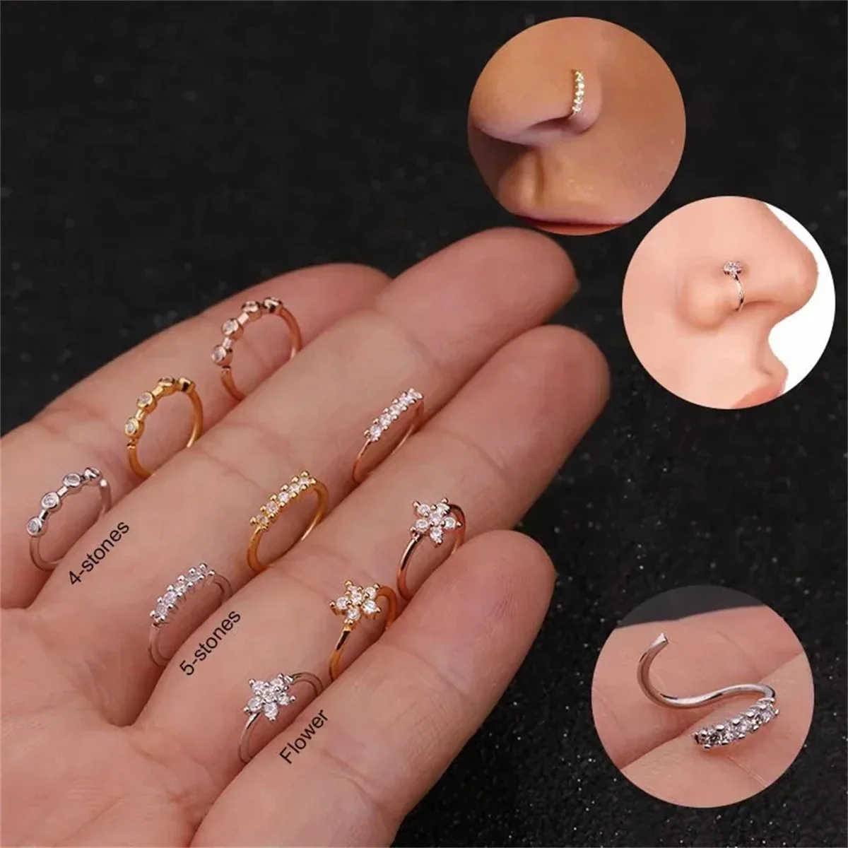 3pcs 지르콘 코 링 콧 구멍, 조정 가능한 꽃 후프 링 Tragus 귀 연골 귀걸이 저자 극성 코 피어싱 쥬얼리