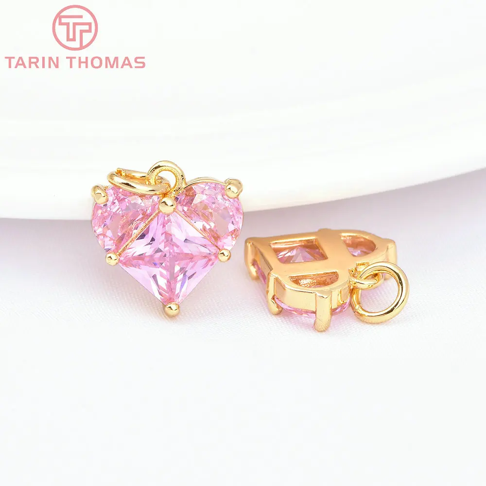 (280)4PCS 14x14.5MM 구멍 2.5MM 24K 골드 컬러 황동 지르콘 하트 참 펜던트 고품질 보석 결과 액세서리