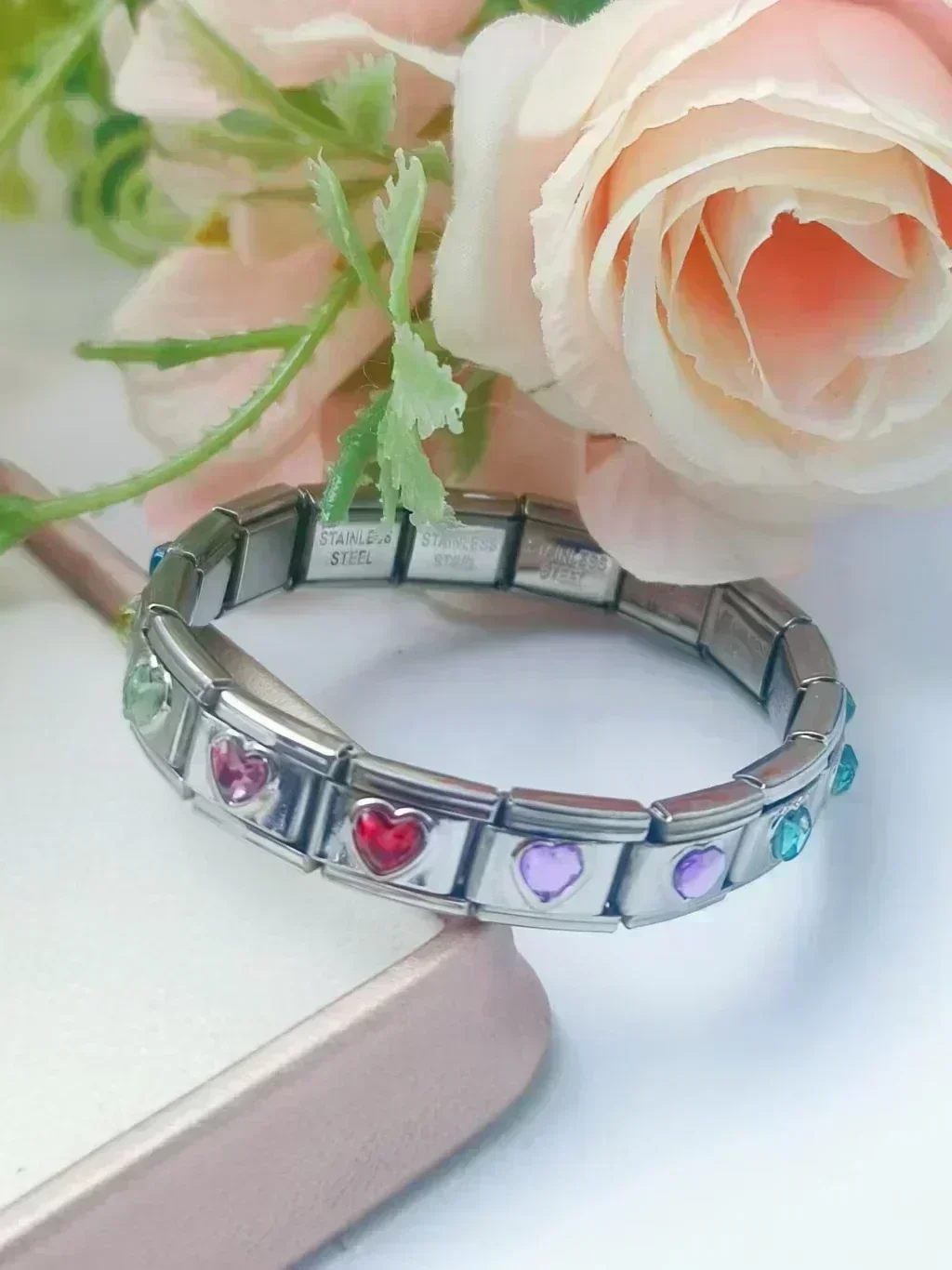 새로운 로맨틱 러브 하트 스파클링 이탈리아 매력 링크 팔찌 스테인레스 스틸 쥬얼리 DIY 여자 친구 발렌타인 데이 선물 만들기