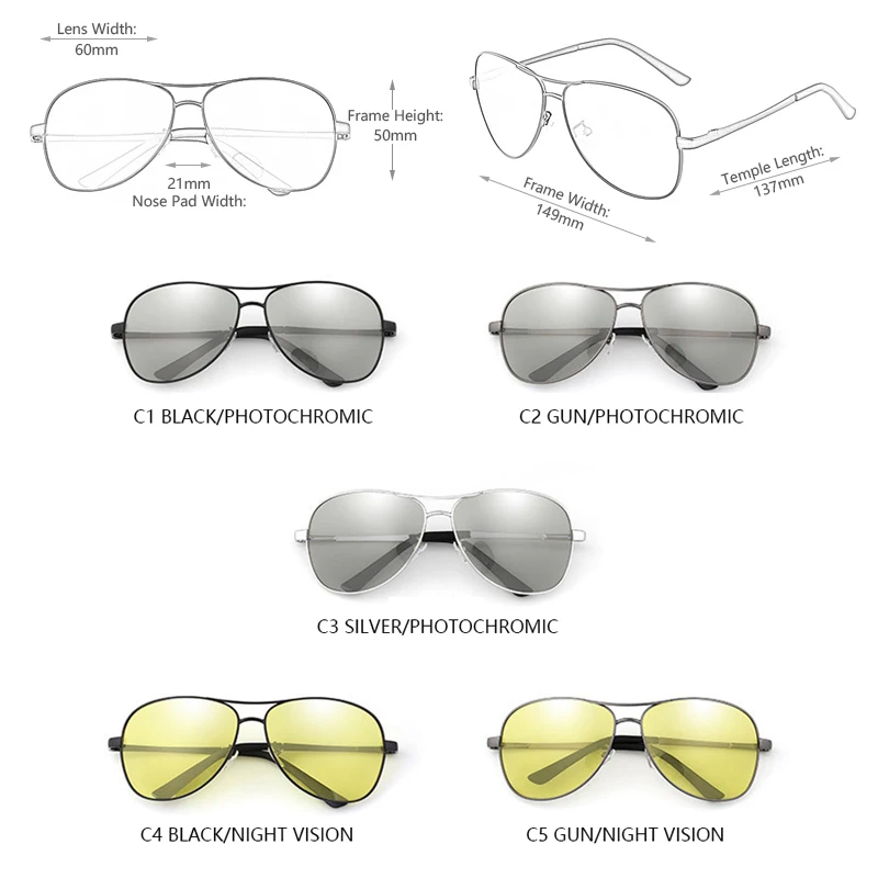 클래식 파일럿 포토 크로 믹 선글라스 남성 여성 패션 카멜레온 편광 선글라스 남성 운전 색상 변경 야간 투시경