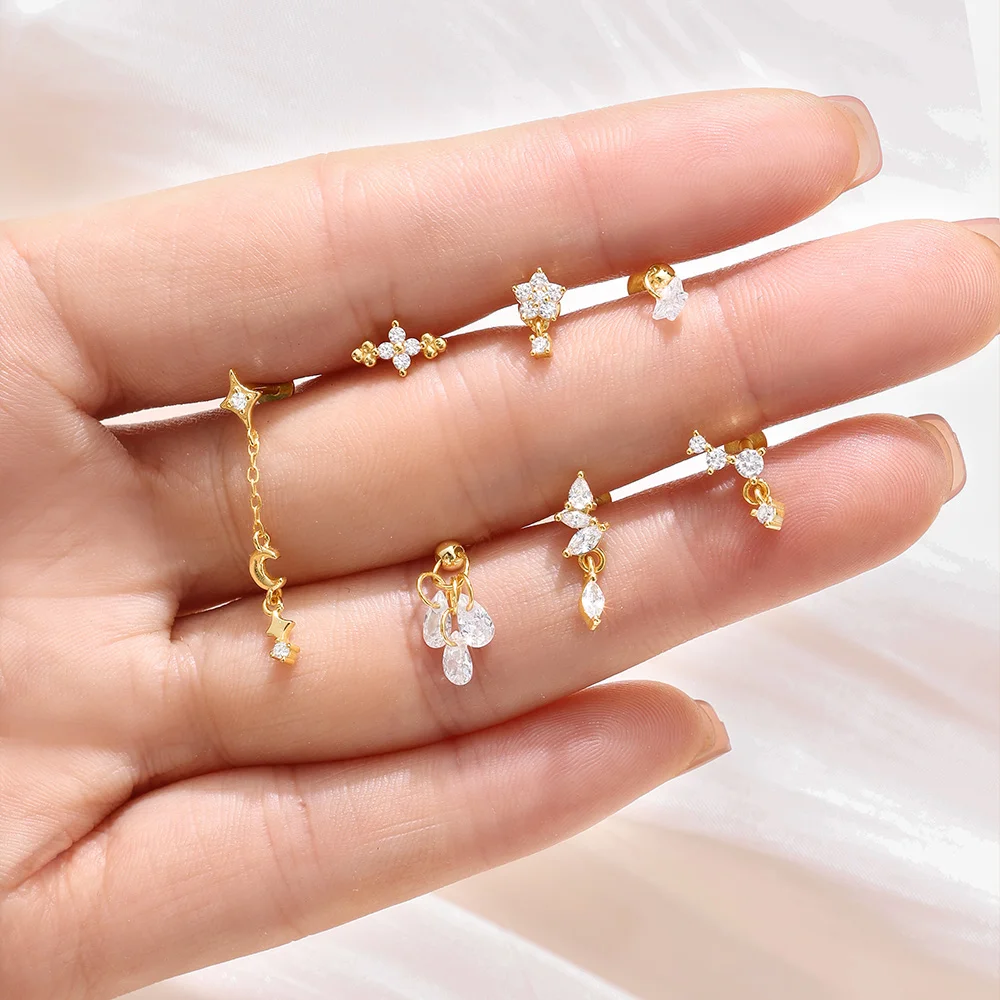 CANNER 1PC 4 개의 지적 스타 문 술 연꽃 연골 나선형 펑크 925 스털링 실버 스터드 귀걸이 여성용 귀걸이