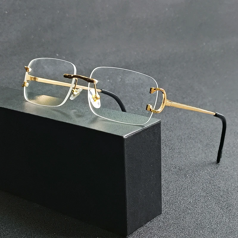 HBK 레트로 무테 선글라스 여성용 남성용 작은 사각형 골드 프레임 브랜드 디자인 차 음영 직사각형 UV400 Zonnebril Eyewear