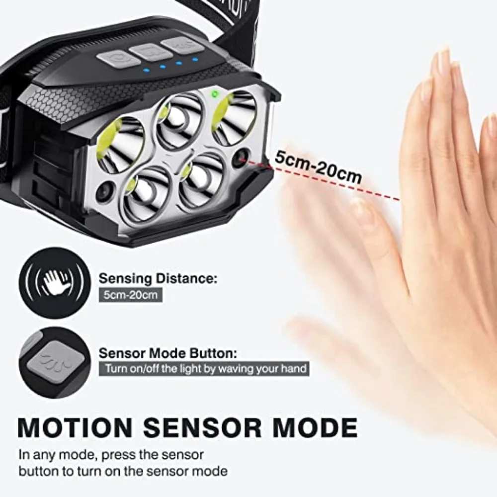 1200 루멘 Led 충전식 전조등 모션 센서 헤드 라이트 방수 헤드 손전등 야외 캠핑 낚시 헤드 램프