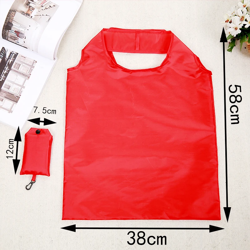 쇼핑백 단색 친환경 접이식 재사용 가능한 휴대용 어깨 핸드백 폴리에스테르 여행용 식료품