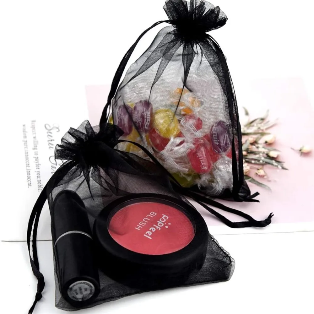 50Pcs 5x7 7x9 9x12cm 블랙 쉬어 Organza Drawstring 선물 가방 결혼식 생일 파티 호의 파우치 쥬얼리 디스플레이 포장