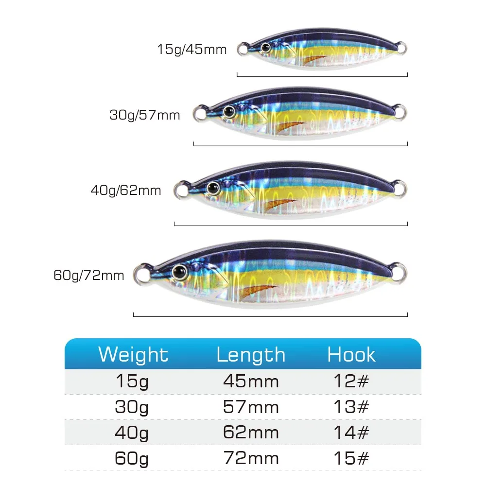 FSTK 새로운 글로우 낚시 루어 캐스팅 Tuna15g30g40g60g 느린 피치 지그 Sea Bass Salterwater 해안 인공 미끼 (보조 후크 포함)