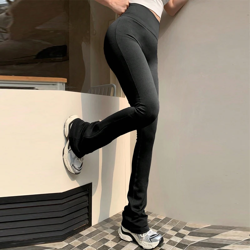 어색한 라인이 없는 하이 웨이스트 압축 마이크로 플레어 요가 야외 착용 원활한 탄성 피트니스 바지 리프팅 레깅스