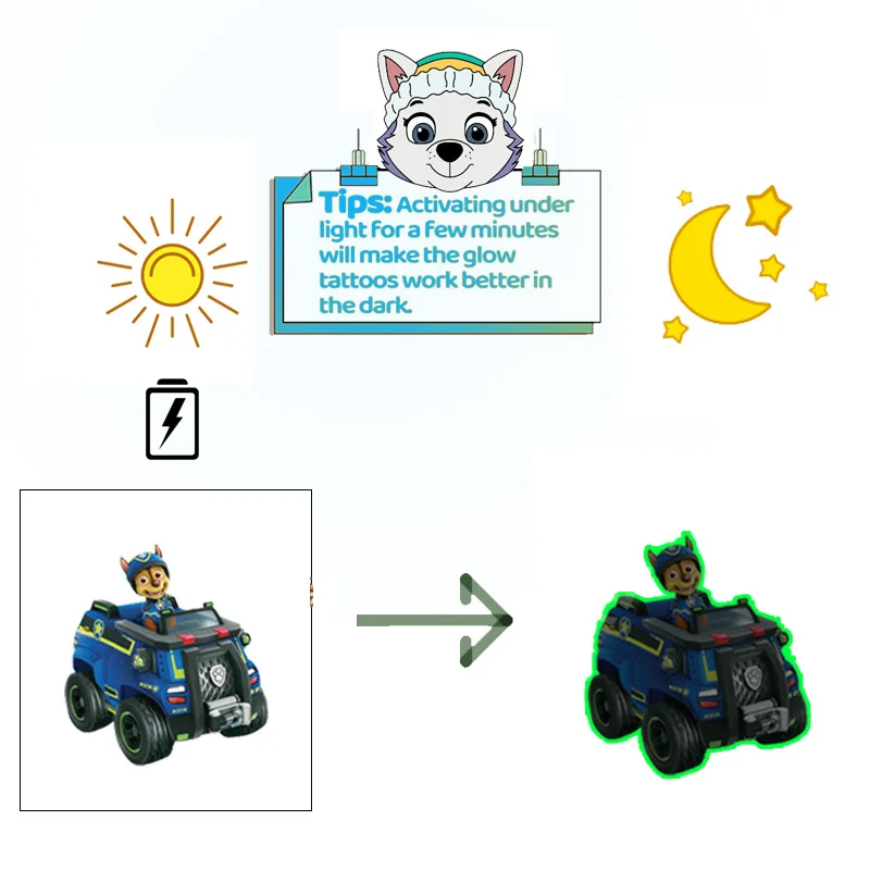 PAW 순찰 어린이를위한 빛나는 문신 개 스타일 임시 문신 스티커 어린이 소년 소녀 글로우 파티 용품 어린이를위한 선물