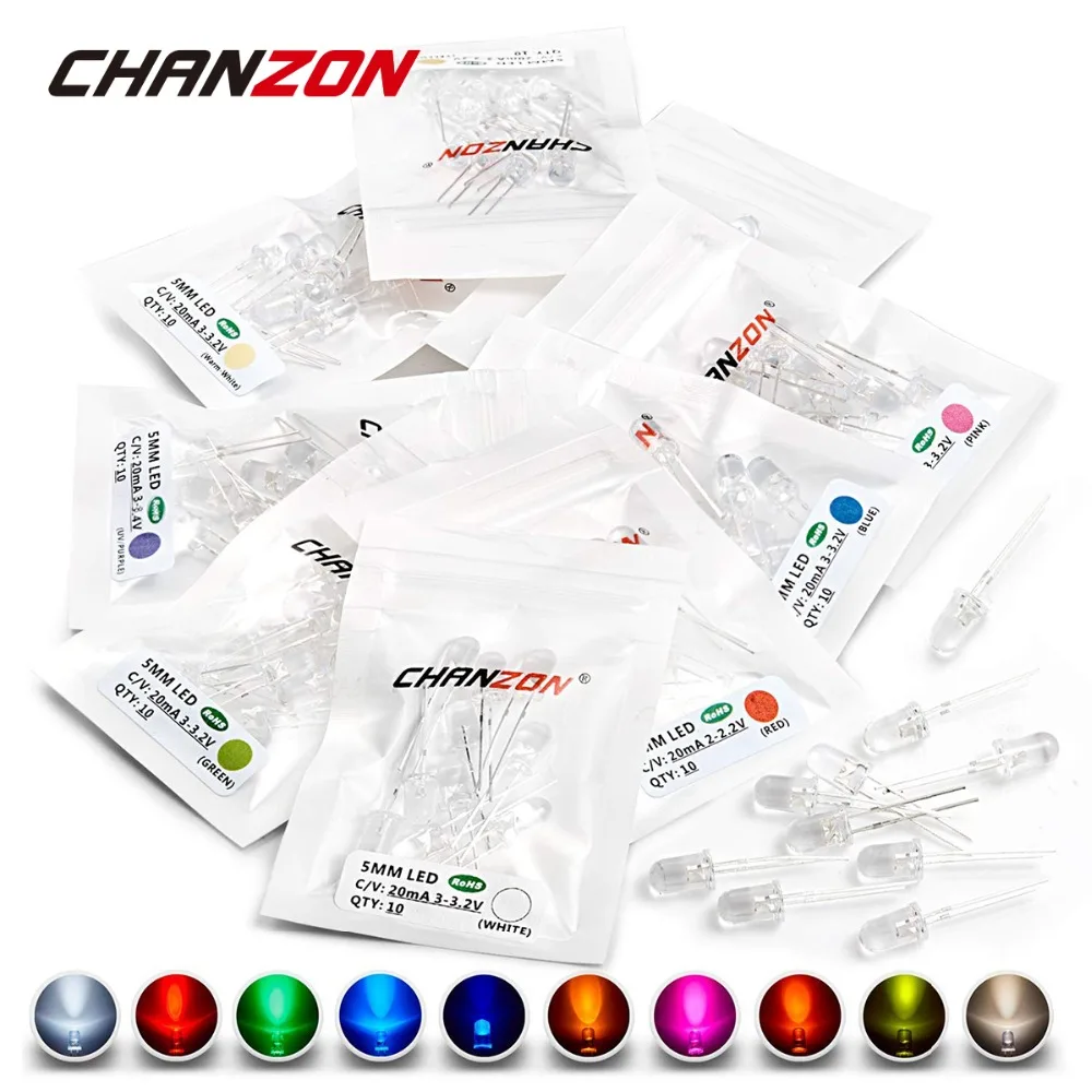 100pcs 5mm LED 다이오드 울트라 브라이트 따뜻한 화이트 레드 그린 블루 UV 퍼플 옐로우 오렌지 핑크 여러 가지 빛깔의 2V 3V 방출 모듬 세트