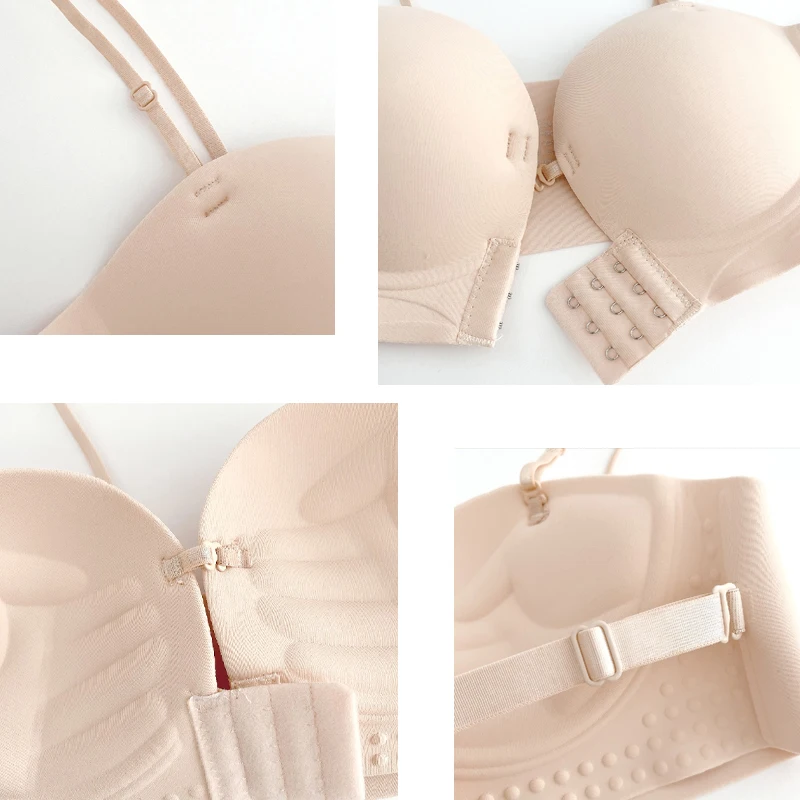 여성용 프론트 클로저 스트랩리스 브래지어, 심리스 푸시 업 브래지어, 두껍고 부드러운 속옷, 단색 조절 가능 보이지 않는 란제리