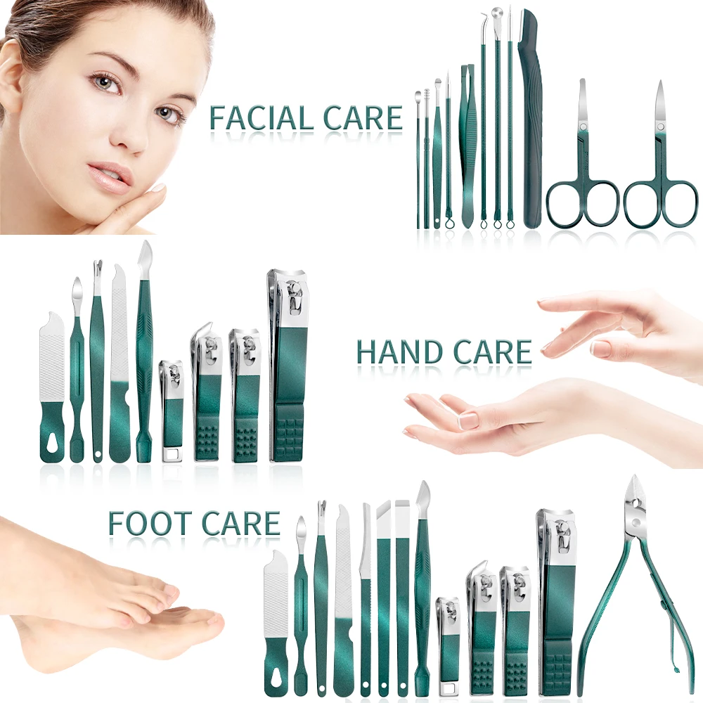 녹색 7/13/24개 스테인레스 스틸 네일 커터 및 페디큐어 가위 세트 - 휴대용 매니큐어 및 페디큐어 도구 손톱깎이 세트