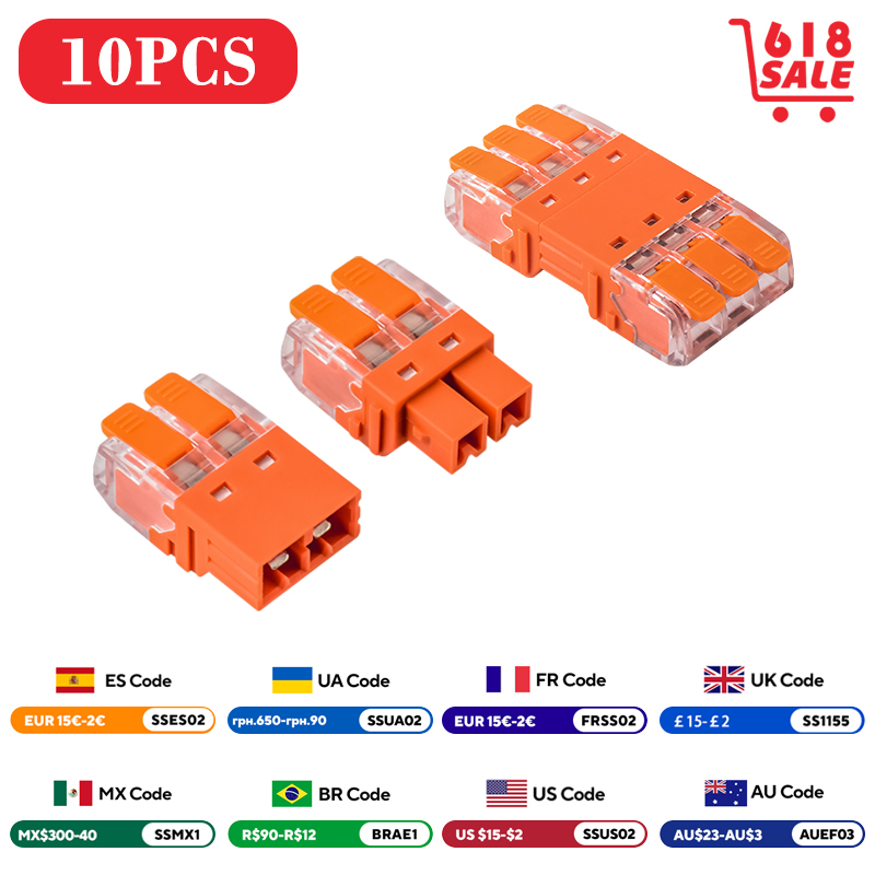 JINH 10Pcs CMK 64 퀵 레버 와이어 커넥터 컴팩트 플러그 남성 여성 터미널 범용 블록 용 2/3 In 및 2/3 Out title=JINH 10Pcs CMK 64 퀵 레버 와이어 커넥터 컴팩트 플러그 남성 여성 터미널 범용 블록 용 2/3 In 및 2/3 Out 
