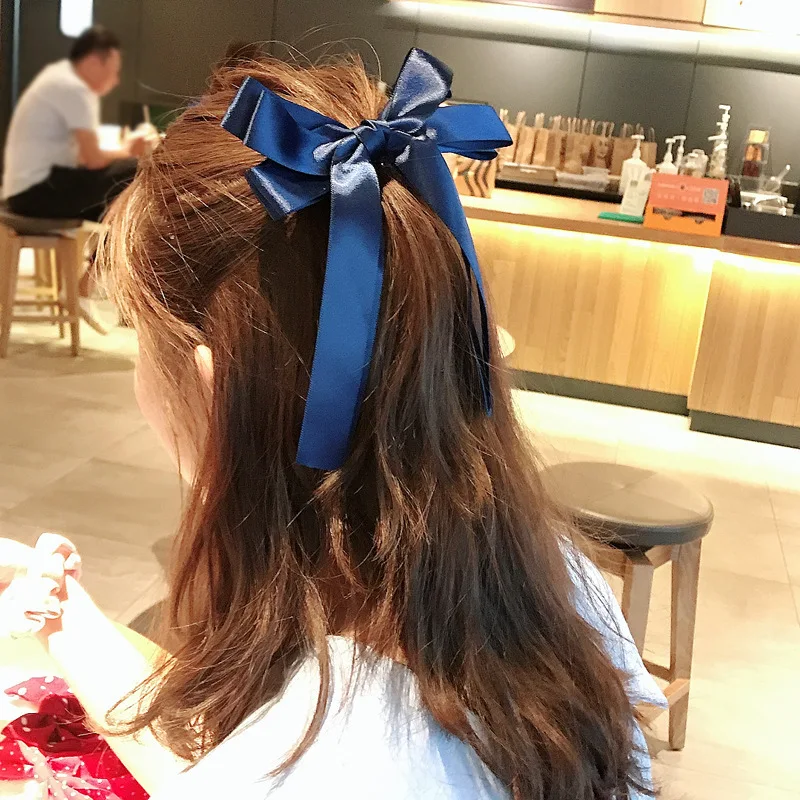 한국어 BowKnot 헤어 타이 Scrunchies 여성용 패션 긴 리본 탄성 헤어 밴드 보우 포니 테일 넥타이 헤어 액세서리