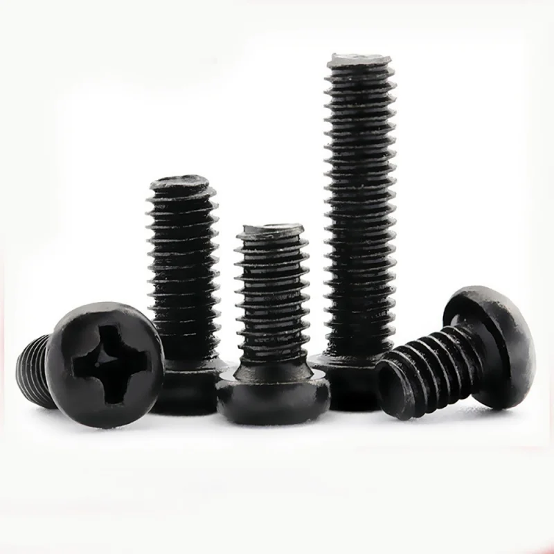 100 개/몫 십자형 팬 헤드 나사 M1 M1.2 M1.6 M2 M2.5 M3 M4 M6 탄소강 검정색 필립스 기계 나사 등급 4.8
