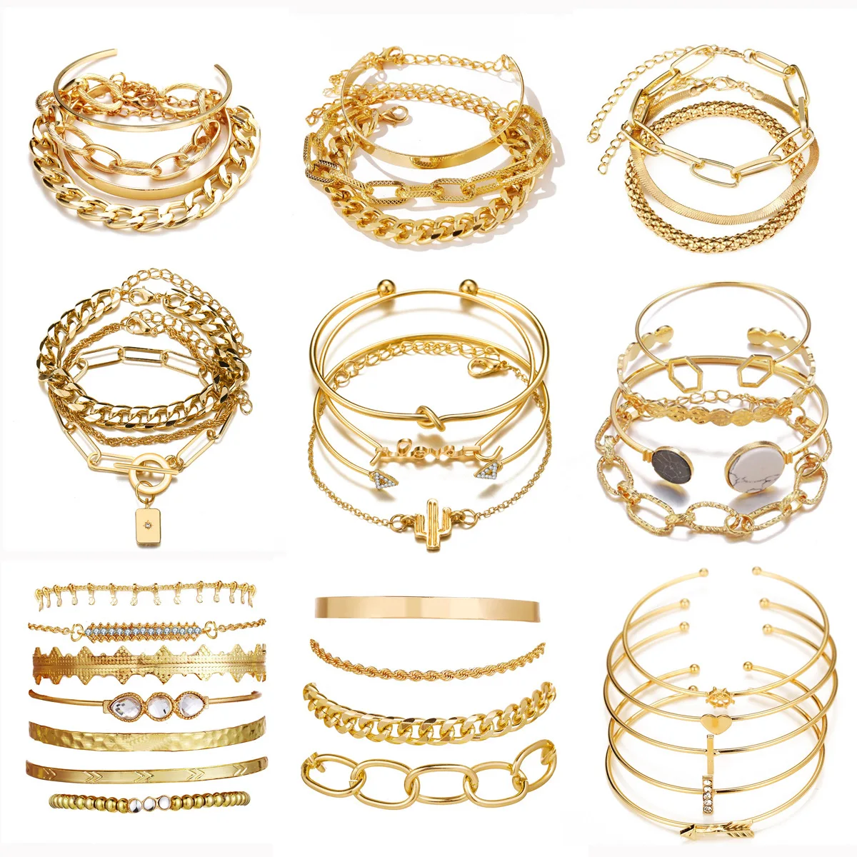 보헤미안 금속 체인 팔찌 여성을위한 설정 기하학 골드 컬러 두꺼운 링크 체인 오픈 팔찌 여성 패션 쥬얼리 title=보헤미안 금속 체인 팔찌 여성을위한 설정 기하학 골드 컬러 두꺼운 링크 체인 오픈 팔찌 여성 패션 쥬얼리 