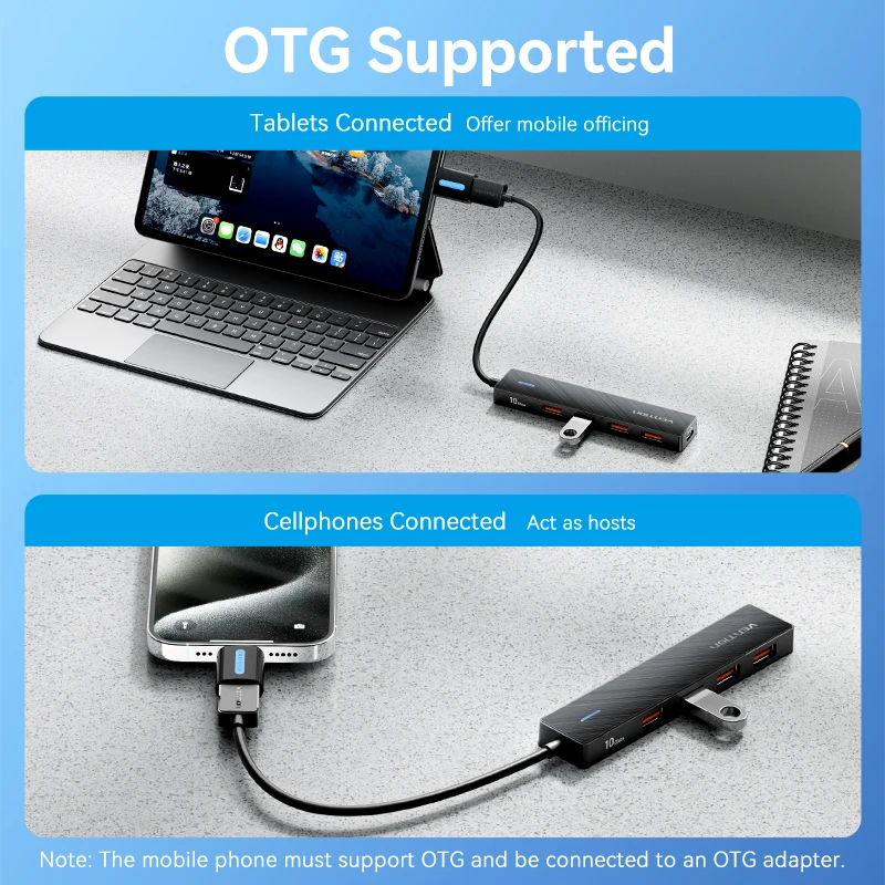 Vention Usb 허브 4 포트 ABS 허브 USB 3.2 10Gbps 노트북 용 Xiaomi Macbook PC 컴퓨터 액세서리 용 멀티 분배기 어댑터