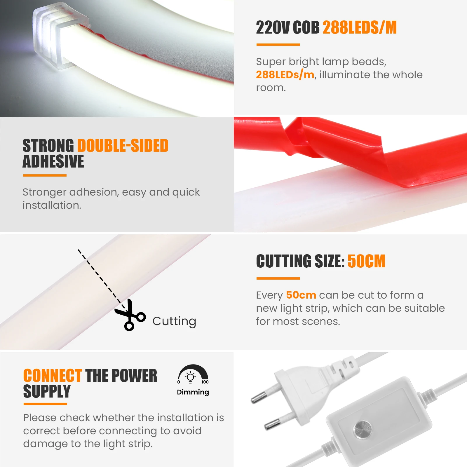 220V 디밍이 가능한 COB LED 네온 스트립 조명 288Leds/M IP67 스위치/조광기 EU 플러그 홈 정원 조명용 유연한 접착 테이프