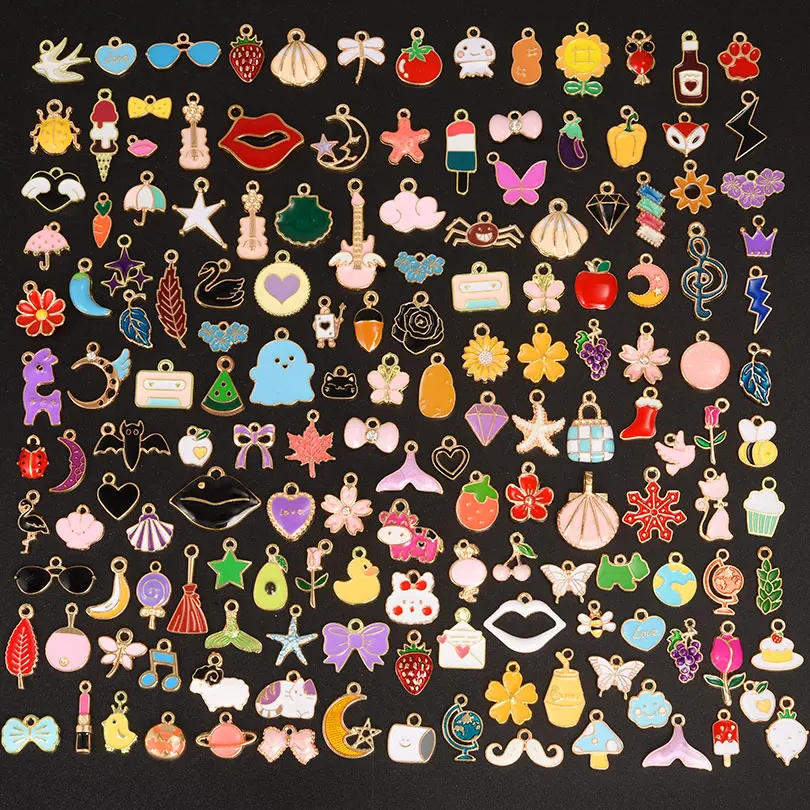 30/60/100pcs 쥬얼리에 대 한 무작위 믹스에 나 멜/드립 오일 매력 대량 귀여운 매력 꽃 심장 동물 음악 DIY 팔찌 펜 던 트 만들기