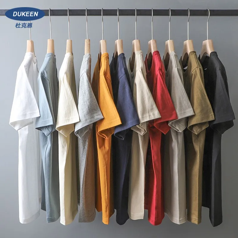 Dukeen 남성용 오버사이즈 헤비 티셔츠, 여름 반팔 티, 면 단색 탑, 캐주얼 티셔츠, 원피스, 280gsm