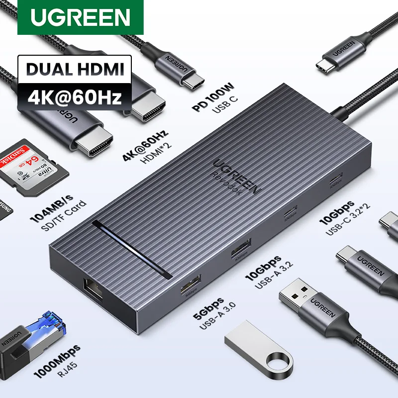 UGREEN USB C 허브 10-in-1 4K60Hz HDMI USB3.2 10Gbps PD100W RJ45 SDTF USB 분배기 노트북 Macbook Pro Air iPad 도킹 스테이션 title=UGREEN USB C 허브 10-in-1 4K60Hz HDMI USB3.2 10Gbps PD100W RJ45 SDTF USB 분배기 노트북 Macbook Pro Air iPad 도킹 스테이션 