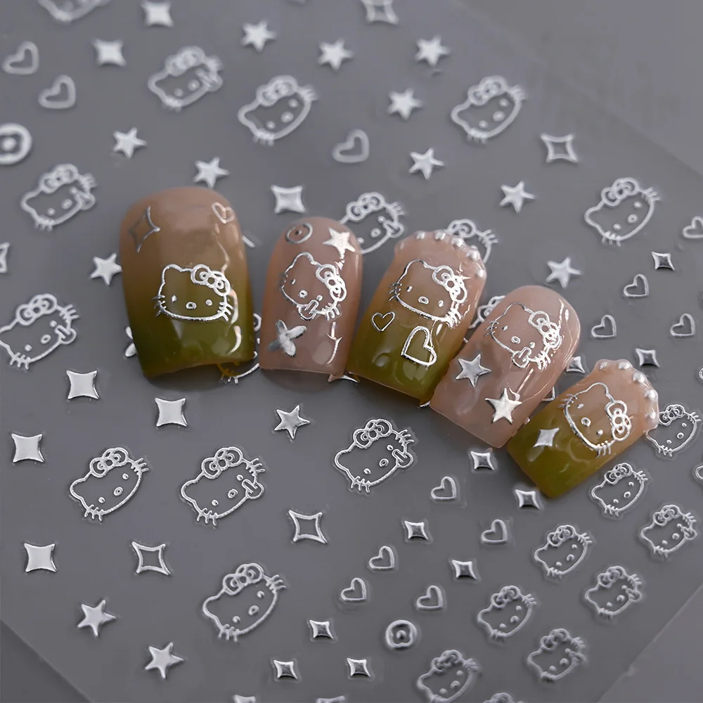 1 시트 일본어 네일 스티커 HelloKitty 고양이 머리 심장 만화 귀여운 네일 데칼 접착 장식 뒤 접착제 매니큐어 스티커
