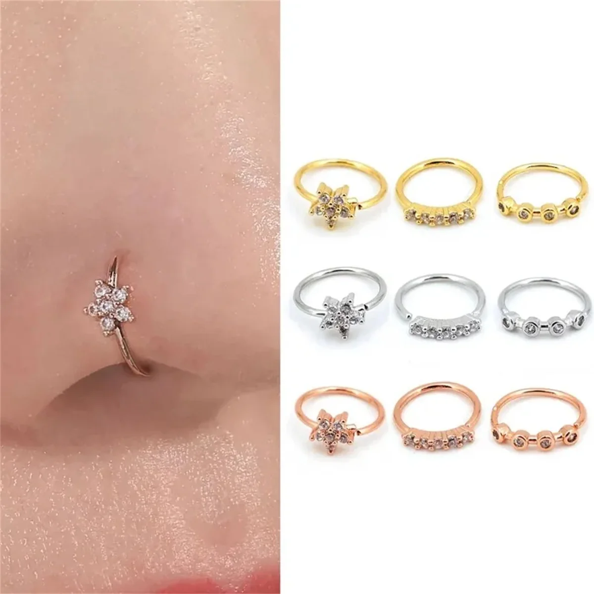 3pcs 지르콘 코 링 콧 구멍, 조정 가능한 꽃 후프 링 Tragus 귀 연골 귀걸이 저자 극성 코 피어싱 쥬얼리 title=3pcs 지르콘 코 링 콧 구멍, 조정 가능한 꽃 후프 링 Tragus 귀 연골 귀걸이 저자 극성 코 피어싱 쥬얼리