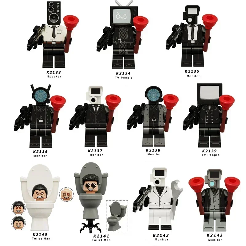 새로운 Skibidi 화장실 남자 애니메이션 만화 벽돌 인형 카메라맨 스피커 TV 남자 미니 액션 벽돌 장난감 피규어 빌딩 블록