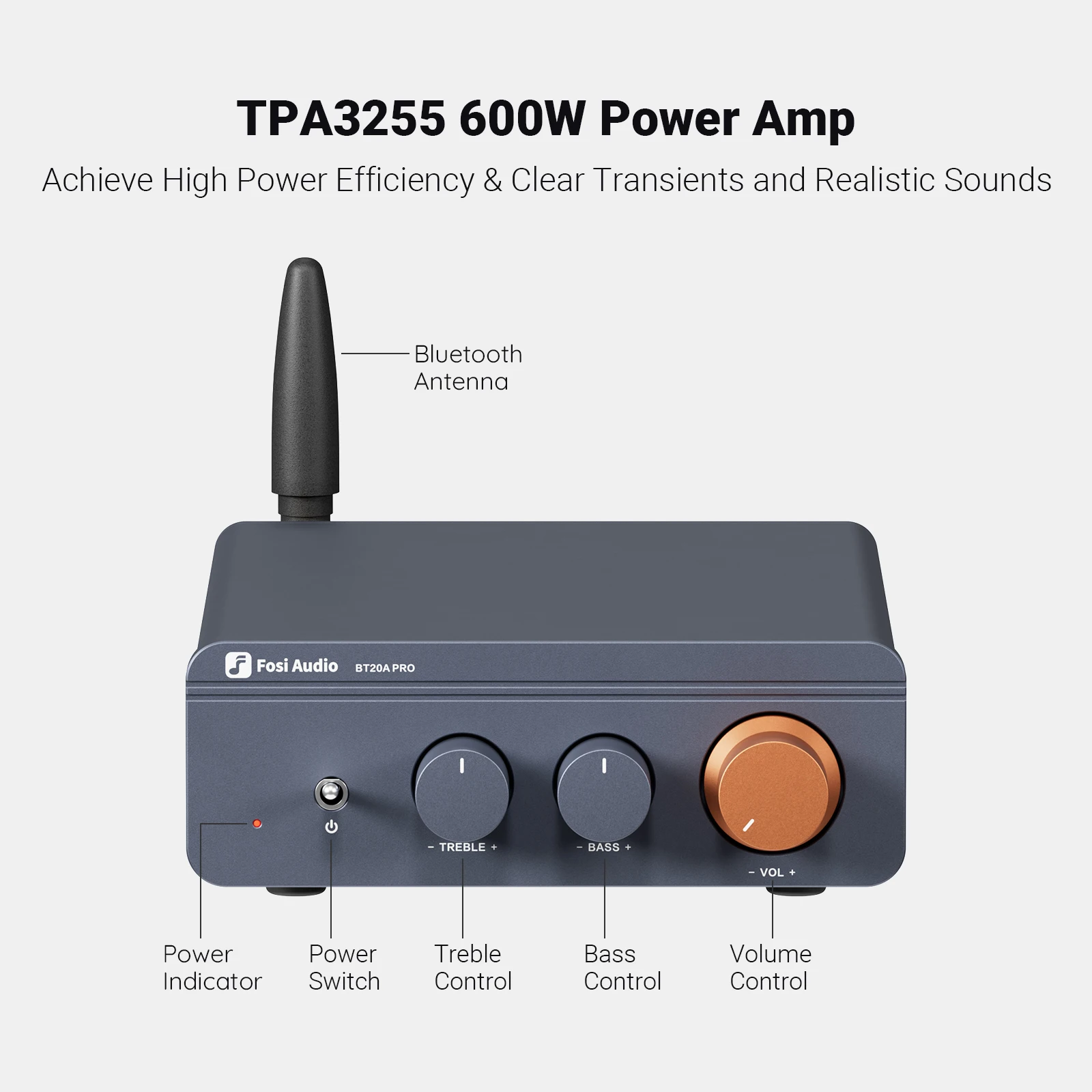 Fosi Audio BT20A Pro TPA3255 Bluetooth 사운드 전력 증폭기 300W x2 홈 시어터 용 미니 HiFi 스테레오 클래스 D 앰프베이스 트레블