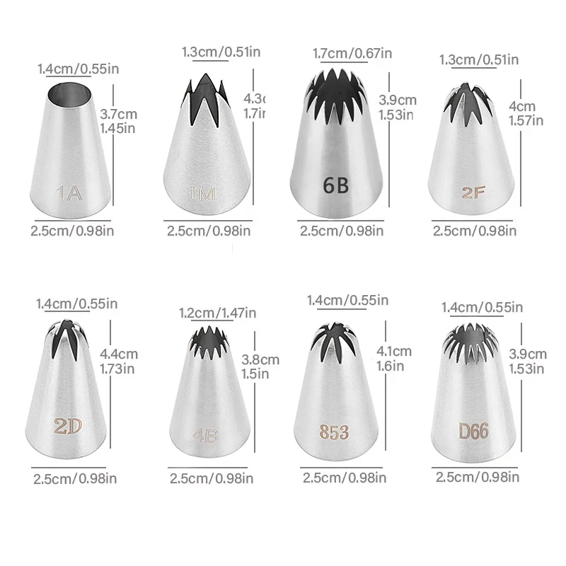 8pcs 파이프 노즐 세트 스테인레스 스틸 아이싱 노즐 크림 케이크 파이프 팁 디저트 비스킷 컵 케이크 주방 액세서리