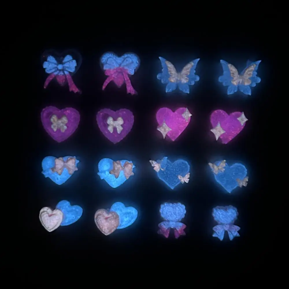 새로운 핑크 시리즈 보우 하트 수지 네일 매력 3D 빛나는 더블 나비 복숭아 하트 달콤한 바람 네일 아트 장식 DIY 손톱