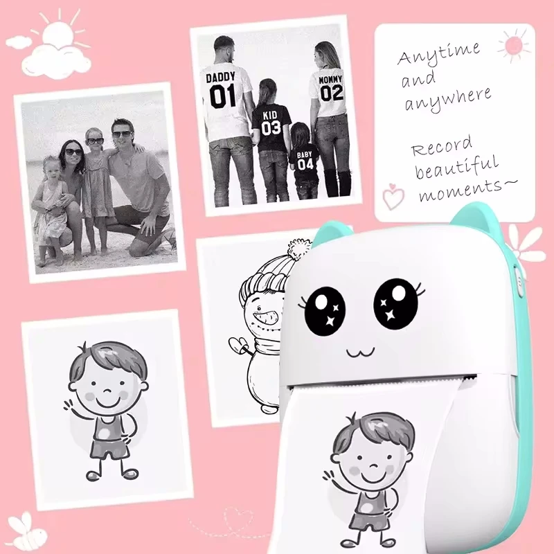 휴대용 미니 고양이 열전사 프린터, 사진 포켓 열전사 라벨 프린터, 58mm 인쇄, 무선 블루투스, 안드로이드 iOS 프린터