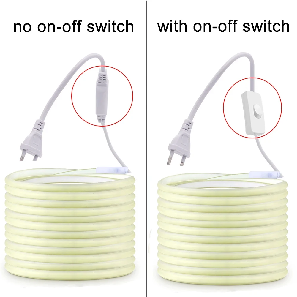 ON/OFF 스위치가있는 220V Led 스트립 방수 COB LED 스트립 220V 유연한 리본 룸 침실 주방 야외 정원 조명