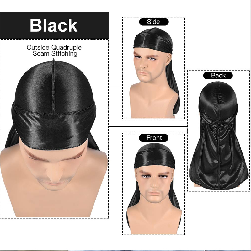 1-4Pcs 새로운 실크 Durag Bandana Turban 모자 남자 통기성 긴 꼬리 Doo Rag 남성용 Durags 해적 모자 머리띠