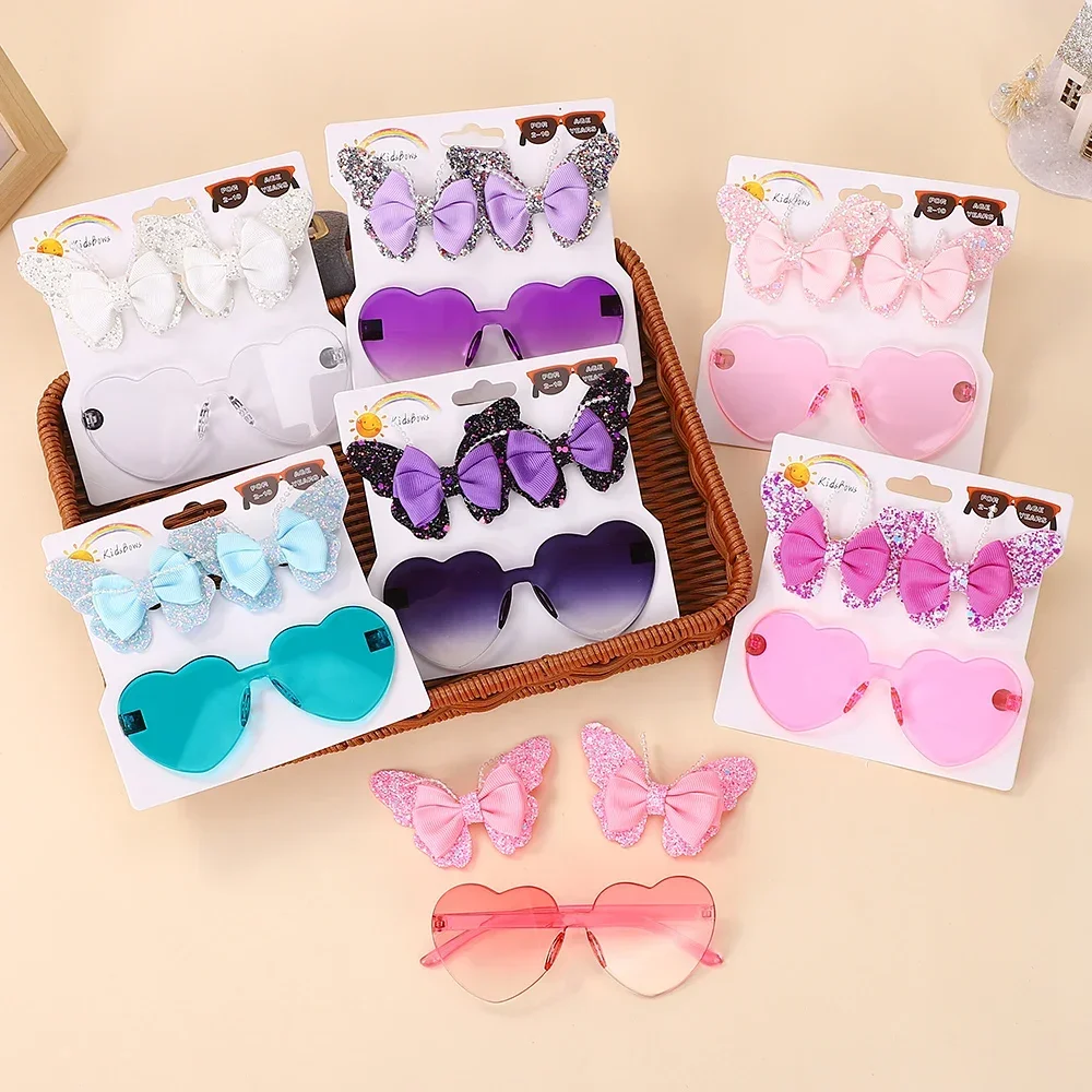 아기 활 나비 헤어 클립 세트 어린이를위한 사랑스러운 안경 액세서리 패션 파티 소녀 드레스 머리핀 머리띠 선물 세트
