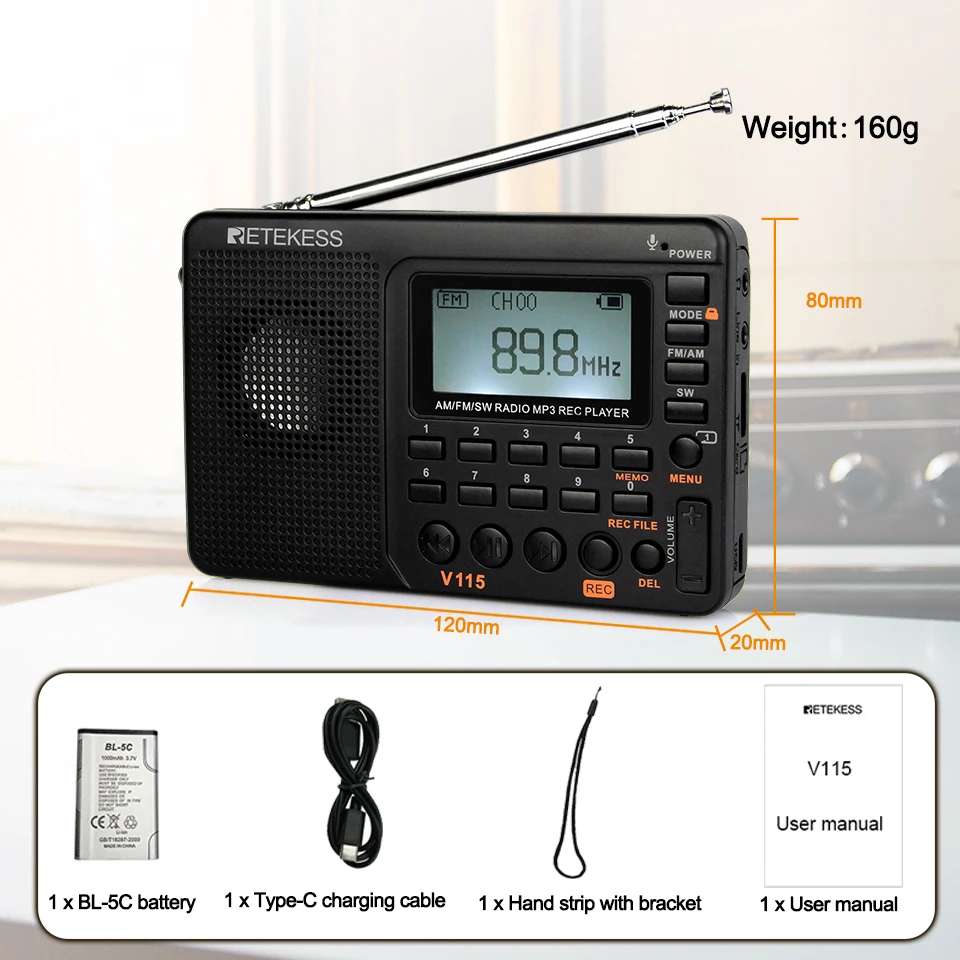 Retekess V115 휴대용라디오 미니 단파 라디오 AM FM SW단파라디오고감도 포켓 디지털 풀밴 드다기능 충전식 테레오 스피커 레코더 지원 TF 카드 선물용