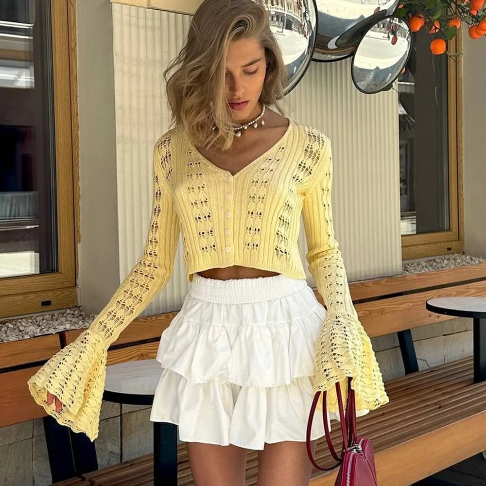 Tuularose 봄 니트 카디건 여성 솔리드 v 넥 중공 짧은 니트 탑 패션 캐주얼 루즈 통근 여성 티셔츠 title=Tuularose 봄 니트 카디건 여성 솔리드 v 넥 중공 짧은 니트 탑 패션 캐주얼 루즈 통근 여성 티셔츠 