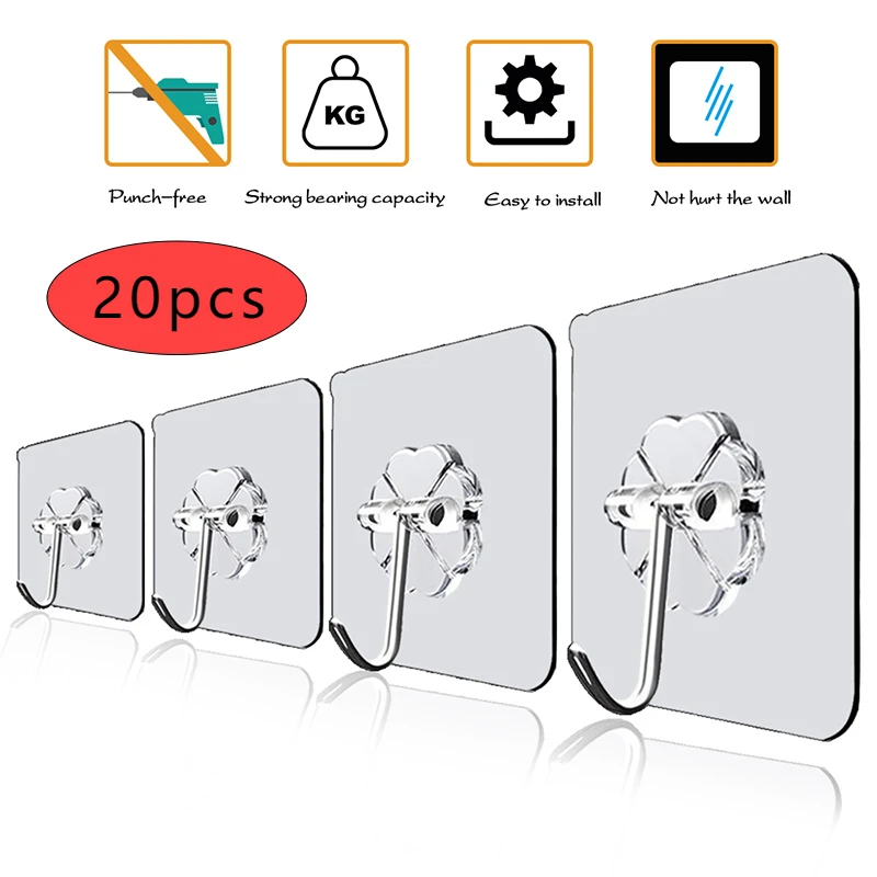 부엌 욕실 장식에 대 한 벽에 강한 옷걸이를 걸기위한 투명 한 자기 접착 후크 벽 교수형 후크 title=부엌 욕실 장식에 대 한 벽에 강한 옷걸이를 걸기위한 투명 한 자기 접착 후크 벽 교수형 후크 