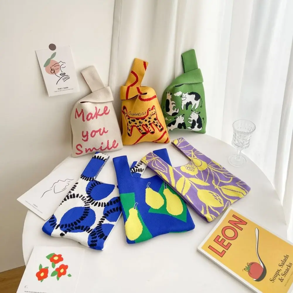 고양이 니트 핸드백 패션 니트 수제 쇼핑백, 대용량 매듭 손목 가방