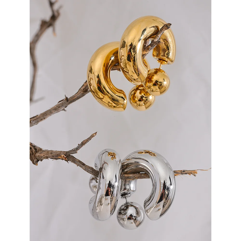 Yhpup 스테인레스 스틸 C 모양 라운드 Chunky 특이한 귀걸이 쥬얼리 방수 금속 질감 매력적인 여성 액세서리 선물