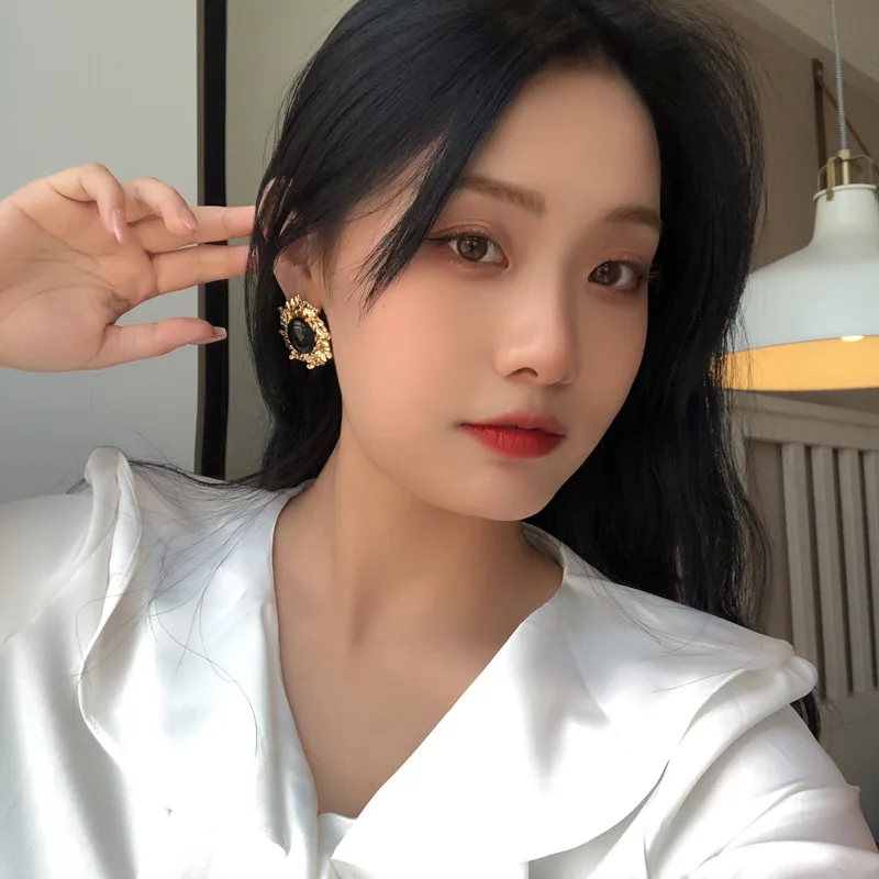 레트로 주얼리 925 실버 바늘 타원형 귀걸이, 인기있는 스타일, 금속 기하학 블랙 수지 귀걸이, 여성 선물, 핫 세일