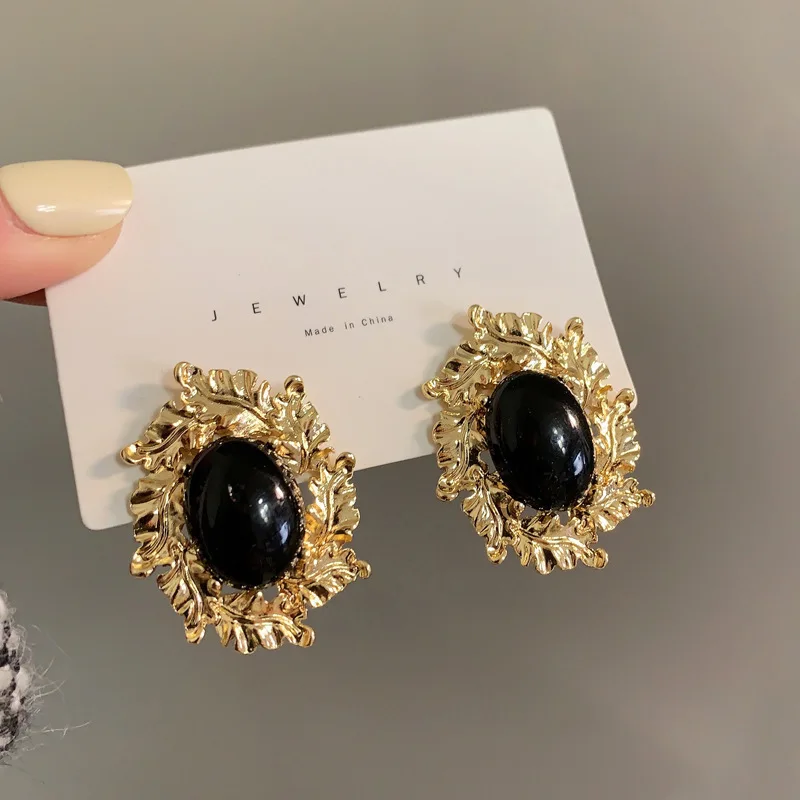 레트로 주얼리 925 실버 바늘 타원형 귀걸이, 인기있는 스타일, 금속 기하학 블랙 수지 귀걸이, 여성 선물, 핫 세일