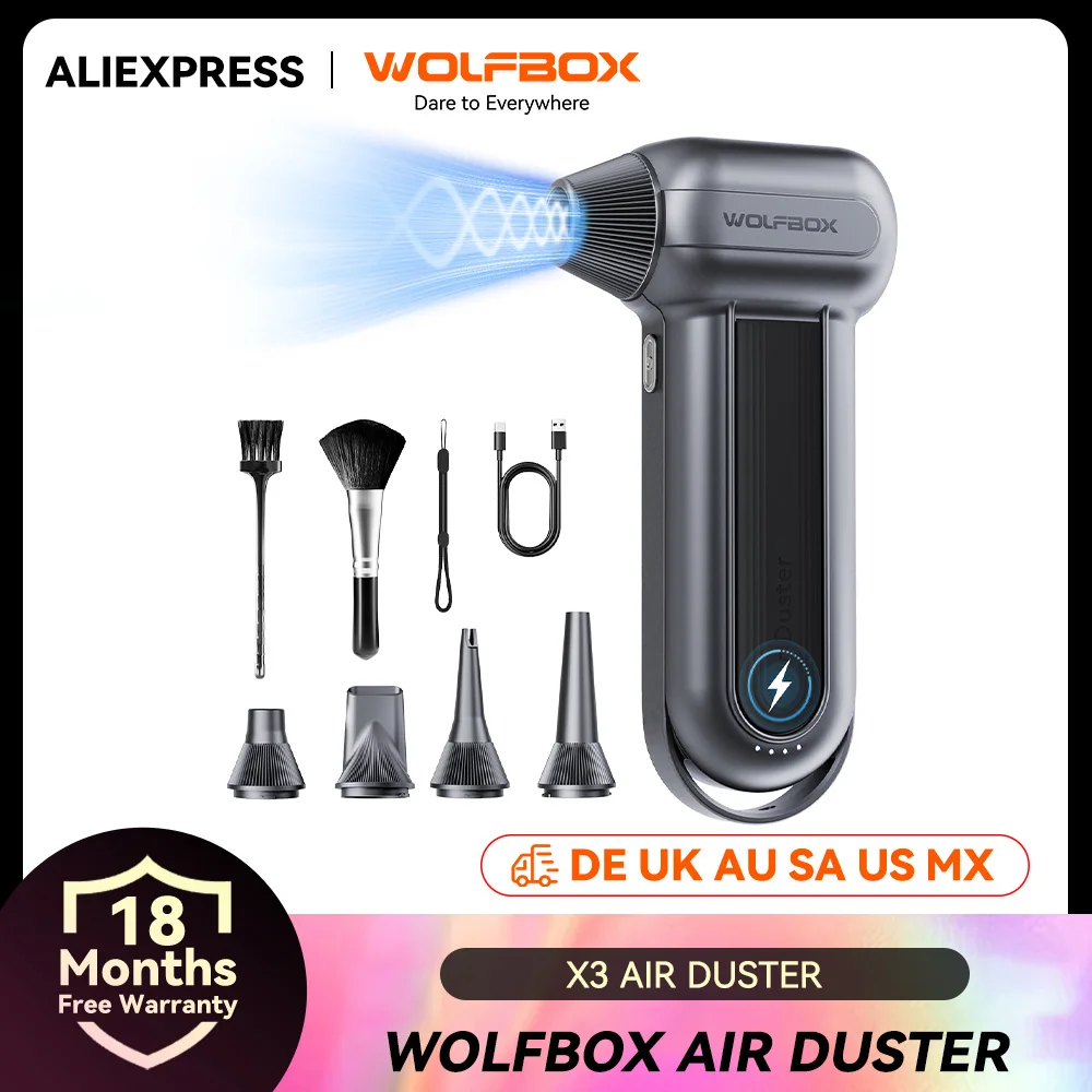 WOLFBOX MF100 전기 공기 먼지떨이 공기 송풍기- 150000 RPM 슈퍼 파워, 차량/PC/가정/실외용 충전식 3단 브러시리스 모터 title=WOLFBOX MF100 전기 공기 먼지떨이 공기 송풍기- 150000 RPM 슈퍼 파워, 차량/PC/가정/실외용 충전식 3단 브러시리스 모터 